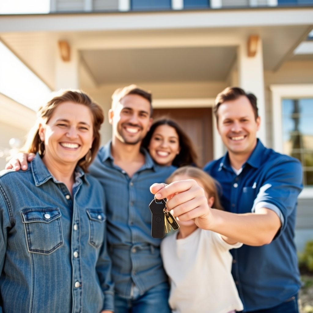 Glückliche Familie vor ihrem neuen Eigenheim mit Schlüsseln in der Hand, sonniger Tag, moderne Hausfassade im Hintergrund