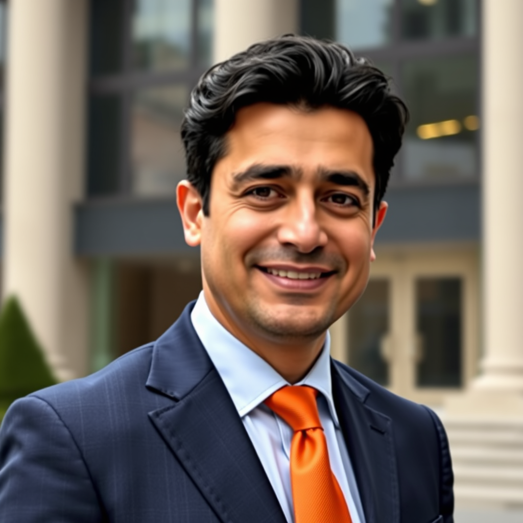 Ahmed Hassan, ein professioneller Mann mittleren Alters mit dunklen Haaren und freundlichem Lächeln, trägt einen eleganten dunkelblauen Anzug mit orangefarbener Krawatte, steht vor einem modernen Bürogebäude in Berlin