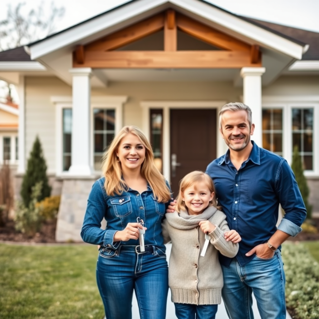 Glückliche Familie steht vor ihrem neuen Zuhause mit Schlüsseln in der Hand und lächelt vor einem modernen Einfamilienhaus